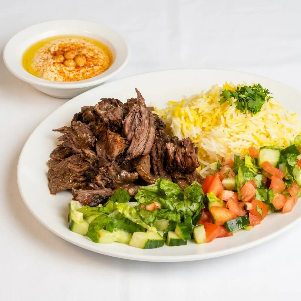 Beef Shawarma Plate with citrus-marinated beef, rice, hummus and vegetables at Yafa Café on Portage Avenue in Winnipeg