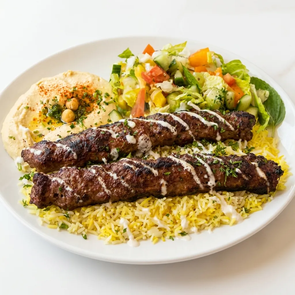 Kabab Plate with gluten-free beef and lamb skewers, Kuwait rice, hummus and vegetables at Yafa Café in Winnipeg